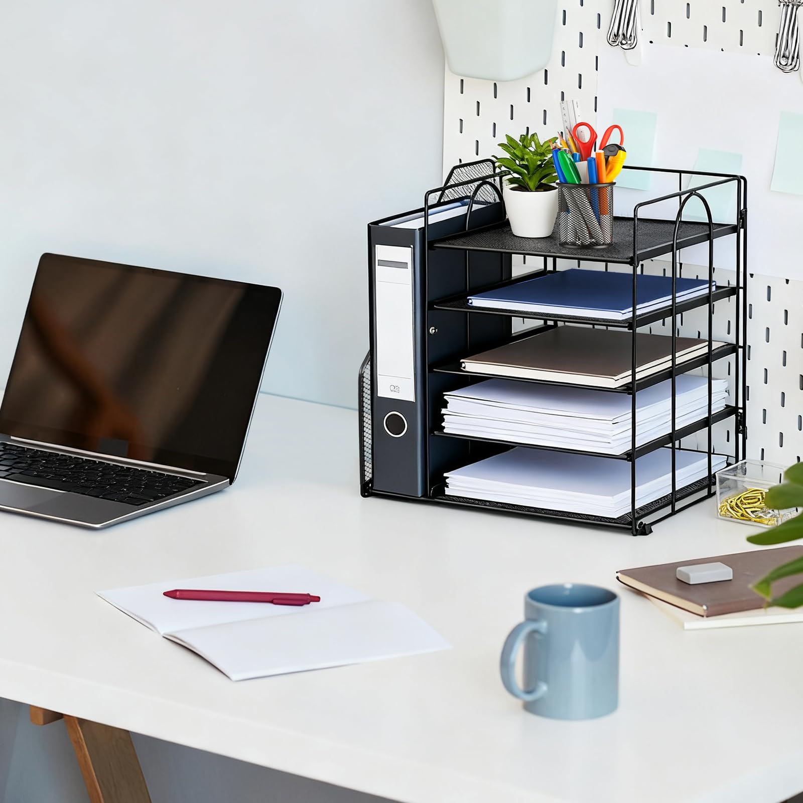 Desk Organizer with File Holder, 5-Tier Paper Letter Tray, Mesh Desktop Office Supplies with Magazine Holder for Books, Letter Tray Paper Organizer for School, Home, Office