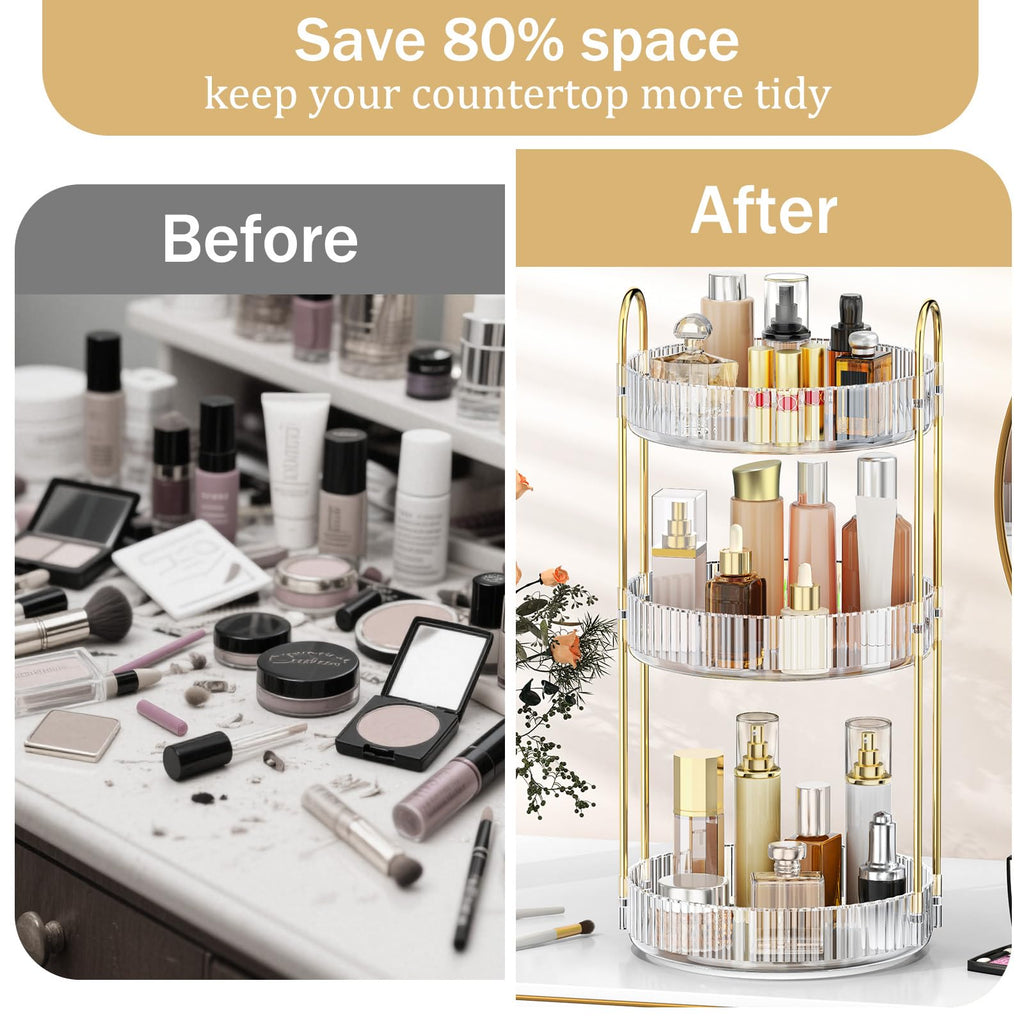 Mokani 360 Rotating Makeup Organizer, 3 Tiers Perfume Organizer, Large Capacity Cosmetic Skincare Storage, Multi-Function Perfume Stand for Vanity, Bathroom and Bedroom, Clear