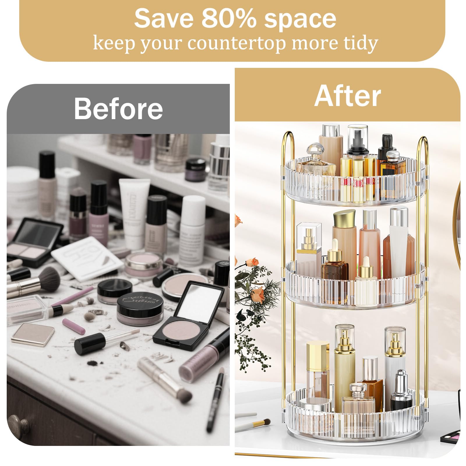 Mokani 360 Rotating Makeup Organizer, 3 Tiers Perfume Organizer, Large Capacity Cosmetic Skincare Storage, Multi-Function Perfume Stand for Vanity, Bathroom and Bedroom, Clear