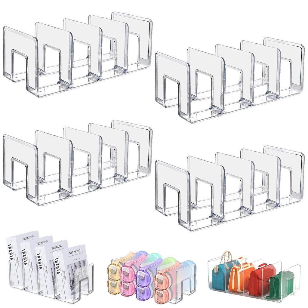 Supkiir 4 Pack 4-Section Acrylic File Sorter, Clear Desk File Organizer Book Organizer, Acrylic Office Organizers And Storage Stand Rack for Handbag Book Envelopes Document Notebook Electronics