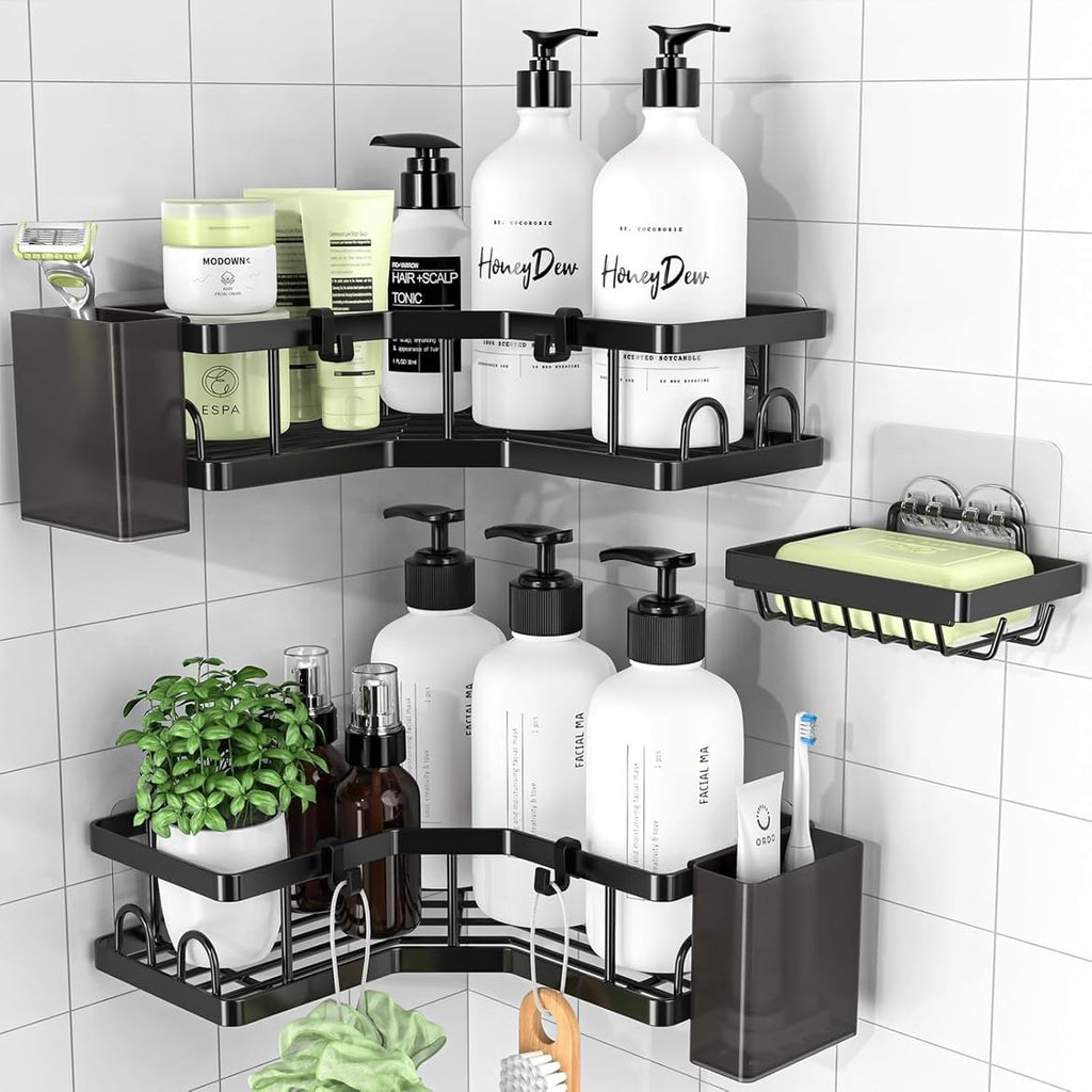 PKBD Corner Shower Caddy 3 Pack, Shower Shelves No Drilling, Rustproof Stainless Steel Bathroom Organizers with Soap Holder, Hooks & Toothpaste Holders, Black