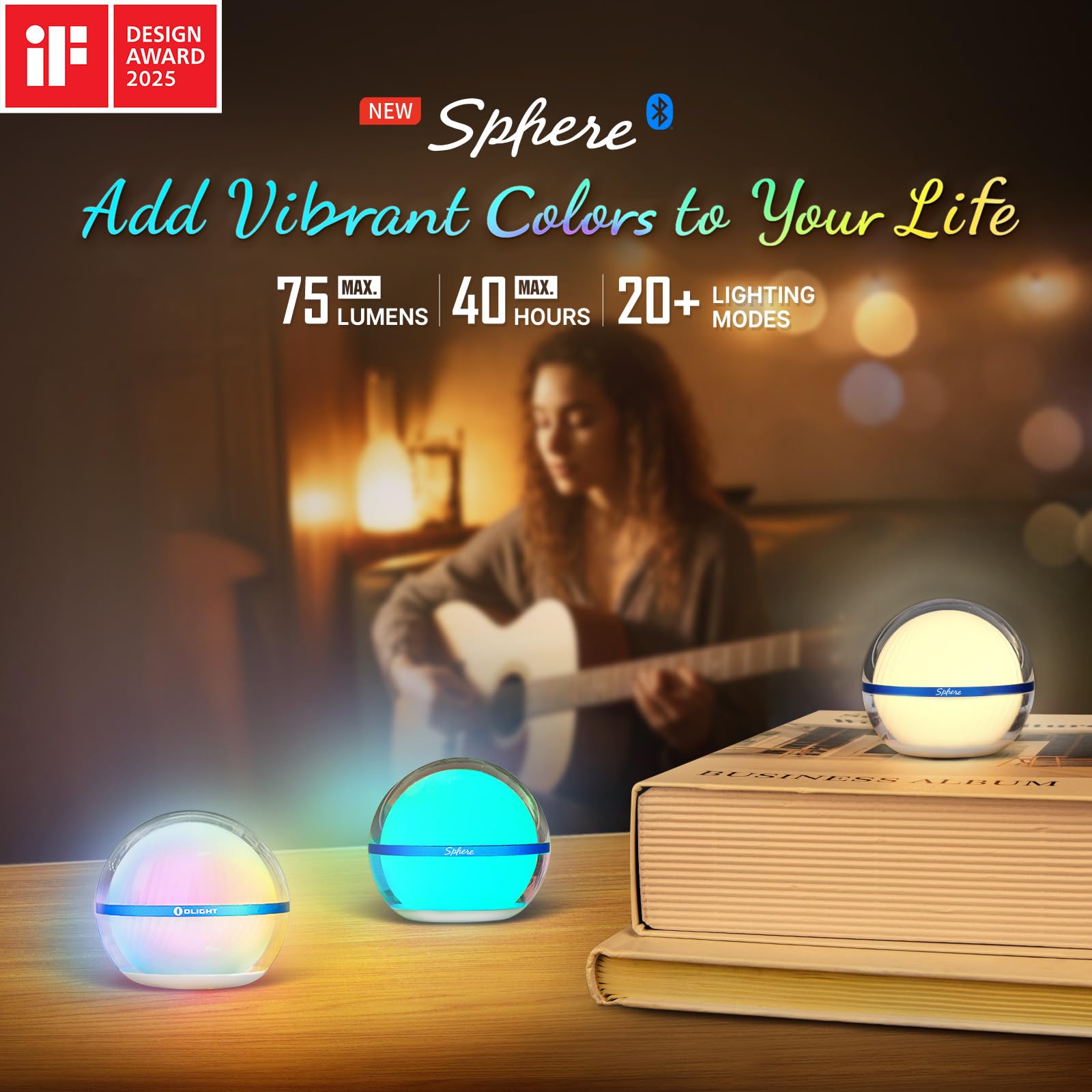 OLIGHT Sphere Portable LED Light, Rechargeable 360-degree Light-Emitting Ambient Lighting with APP Control, 75 Lumens RGB Color Dimmable Camping Light with Magnetic Base for EDC, Outdoor