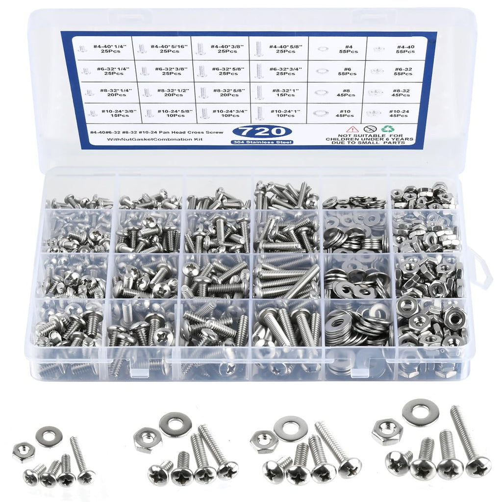 TIMESETL 720PCS SAE Machine Screw Assortment Kit, 10-24#8-32#6-32#4-40 304 Stainless Steel Phillips Pan Head Machine Screws and Nuts Bolts with Flat Washers Assortment Kit with Storage Case