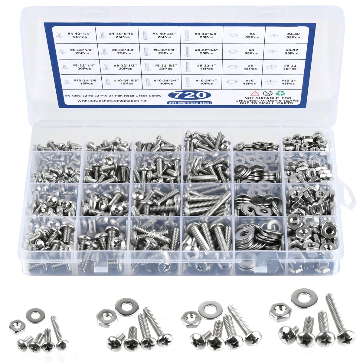 TIMESETL 720PCS SAE Machine Screw Assortment Kit, 10-24#8-32#6-32#4-40 304 Stainless Steel Phillips Pan Head Machine Screws and Nuts Bolts with Flat Washers Assortment Kit with Storage Case