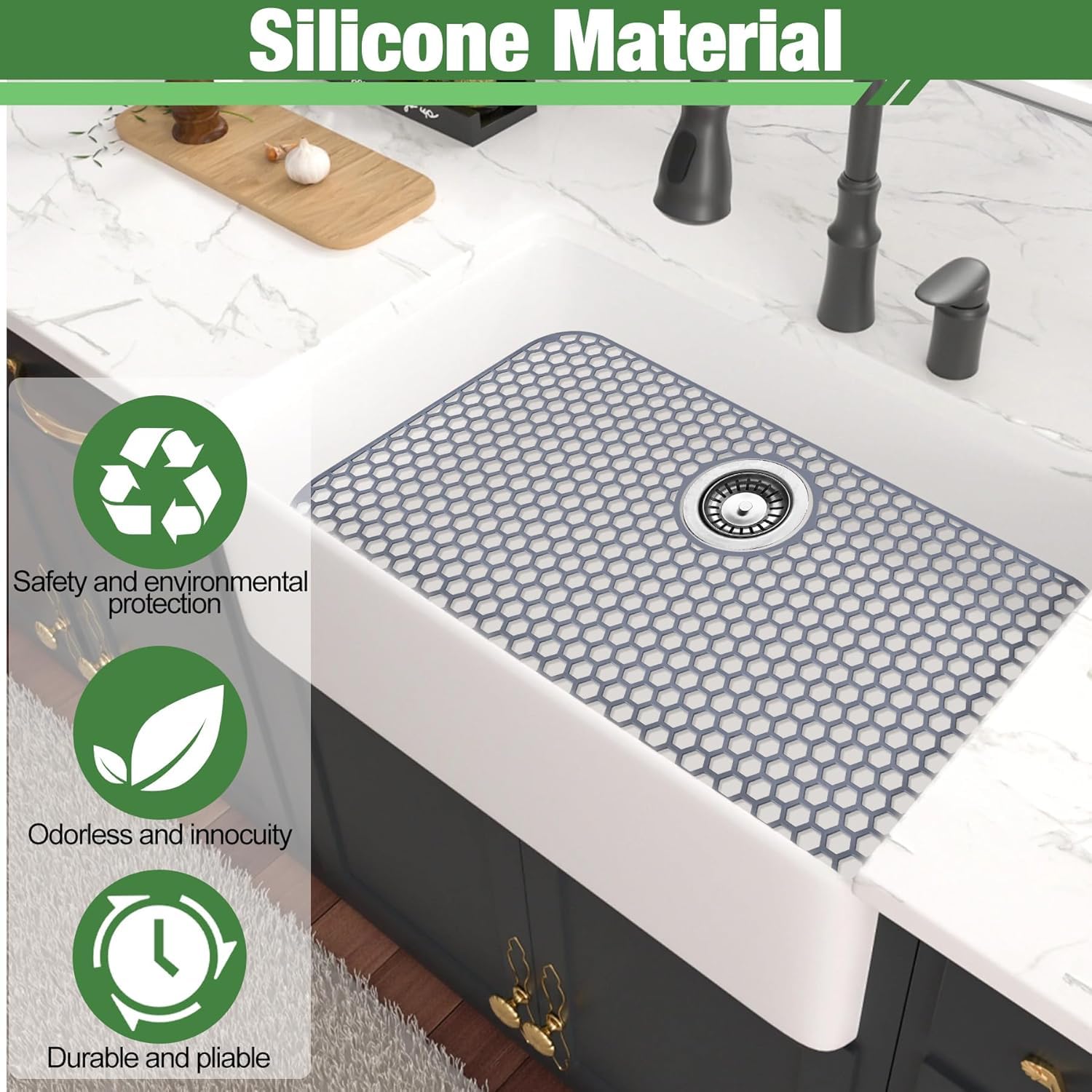 Inchoco Sink Protectors for Kitchen Sink Mat - 25.79"x13.98" Silicone Kitchen Sink Protector Mat for Protection of Stainless Steel Sink and Tableware, Farmhouse Sink Protector with Rear Drain (Grey)