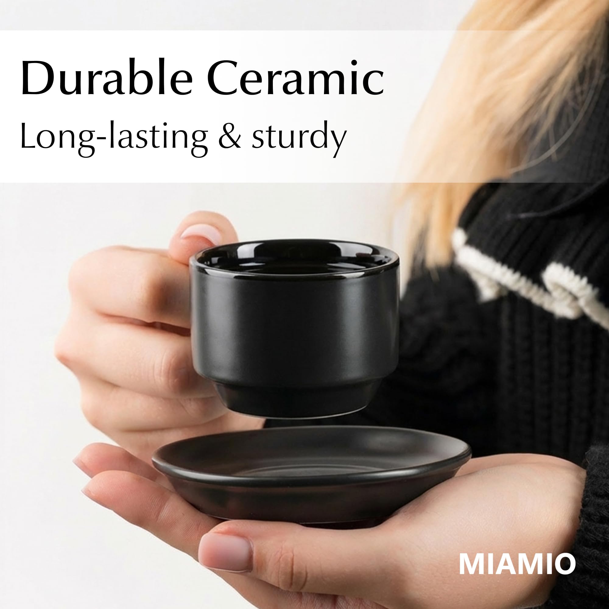 MIAMIO - 75 ml Espresso Cup Set with Saucers Coffee Mug Set of 6 - Ceramic Coffee Mug Stackable Espresso Mug with Stand for Coffee Drinks, Latte, Cafe Mocha - Le Papillon Collection (Black)