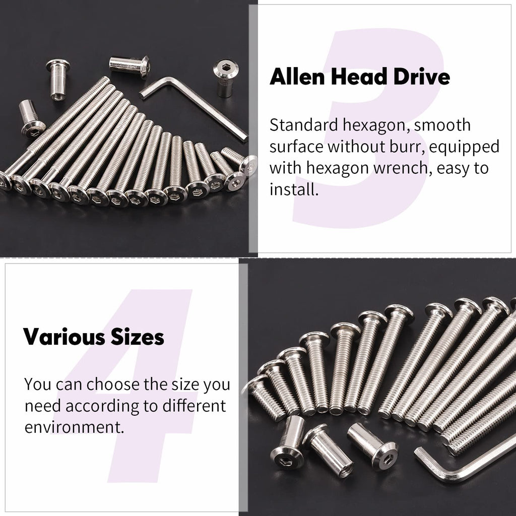 Swpeet 120Pcs M6x16mm/20mm/25mm/30mm/35mm Nickel Plated Sliver Hex Drive Socket Cap Bolts Barrel Nuts Kit with 1Pcs Allen Wrench, Screw Post Fit for Furniture Countsunk Belt Leather Binding Bolts