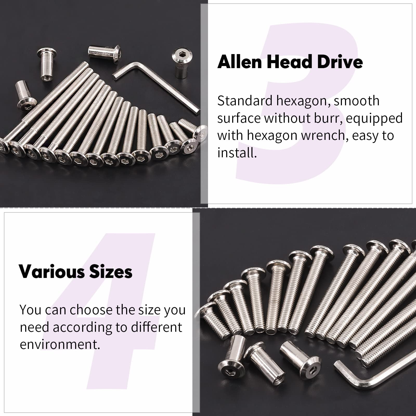 Swpeet 120Pcs M6x16mm/20mm/25mm/30mm/35mm Nickel Plated Sliver Hex Drive Socket Cap Bolts Barrel Nuts Kit with 1Pcs Allen Wrench, Screw Post Fit for Furniture Countsunk Belt Leather Binding Bolts