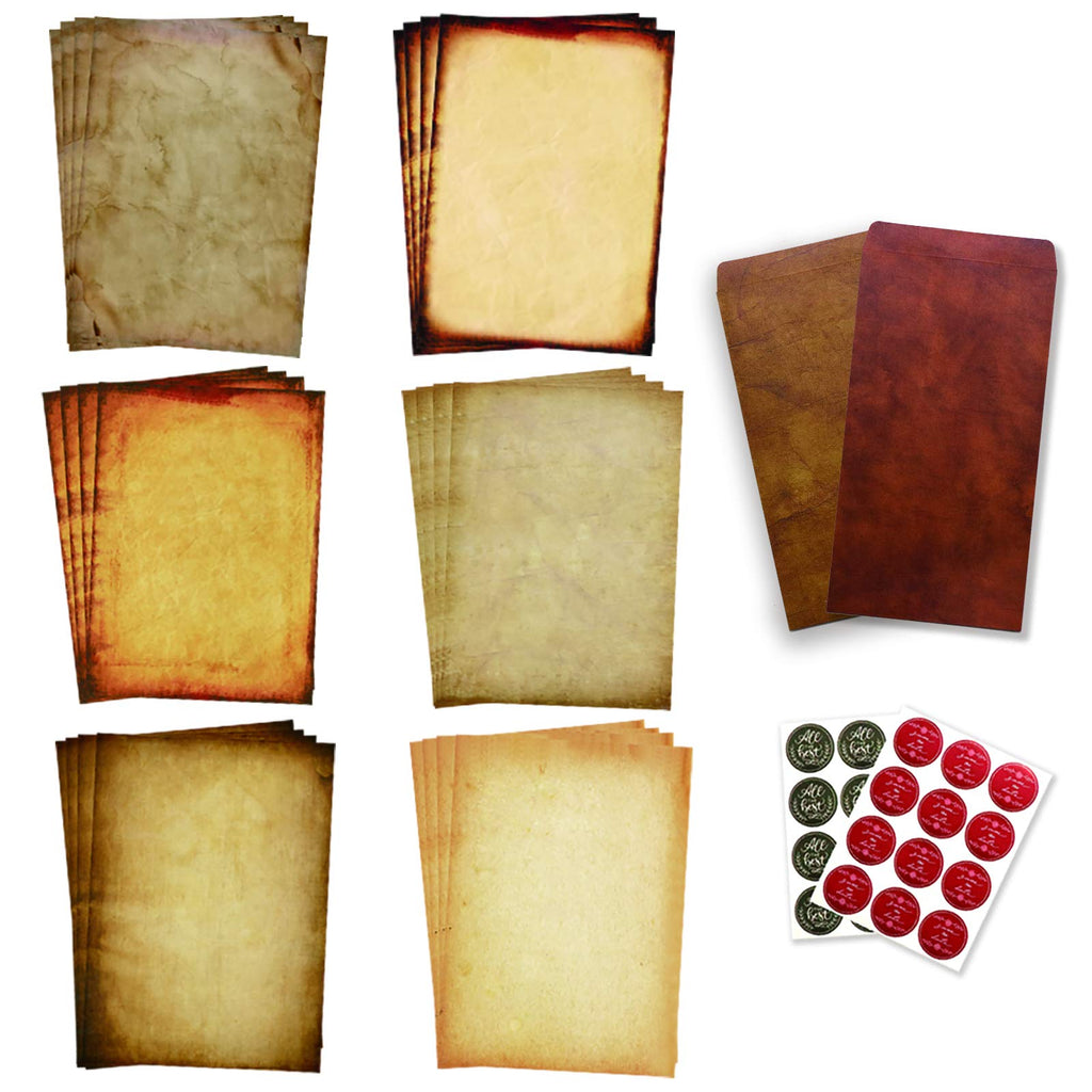 Antique Stationary Paper and Envelopes Set – Vintage Parchment Paper Old Fashioned Letter Stationery for Printing, Invitation and Calligraphy – 48 Writing Paper with 24 Envelopes Included
