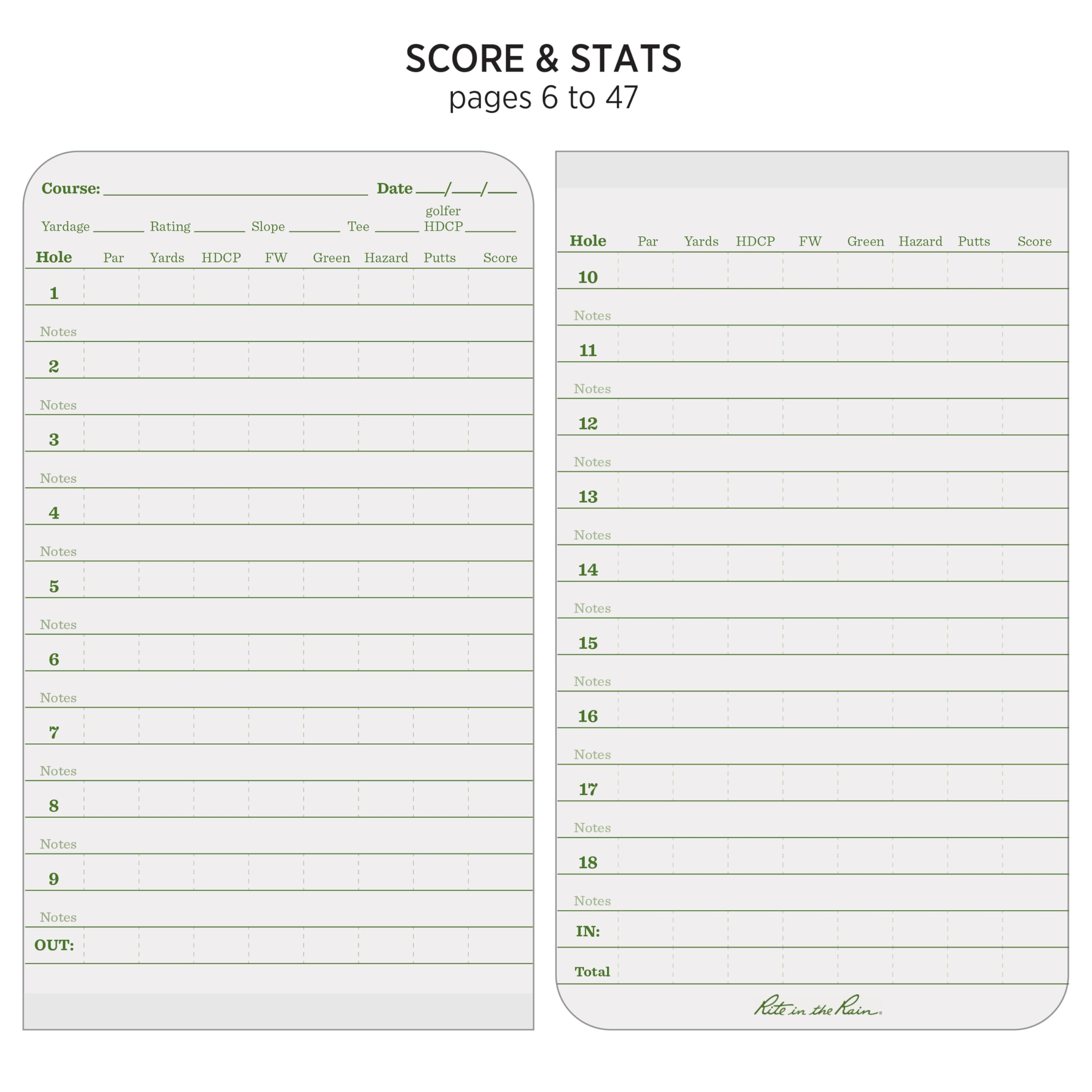 Rite in the Rain All Weather Golf Notebook, 3.5" x 6", Green Field Flex, Club Yardage Book & Hole Notes (No. 4)