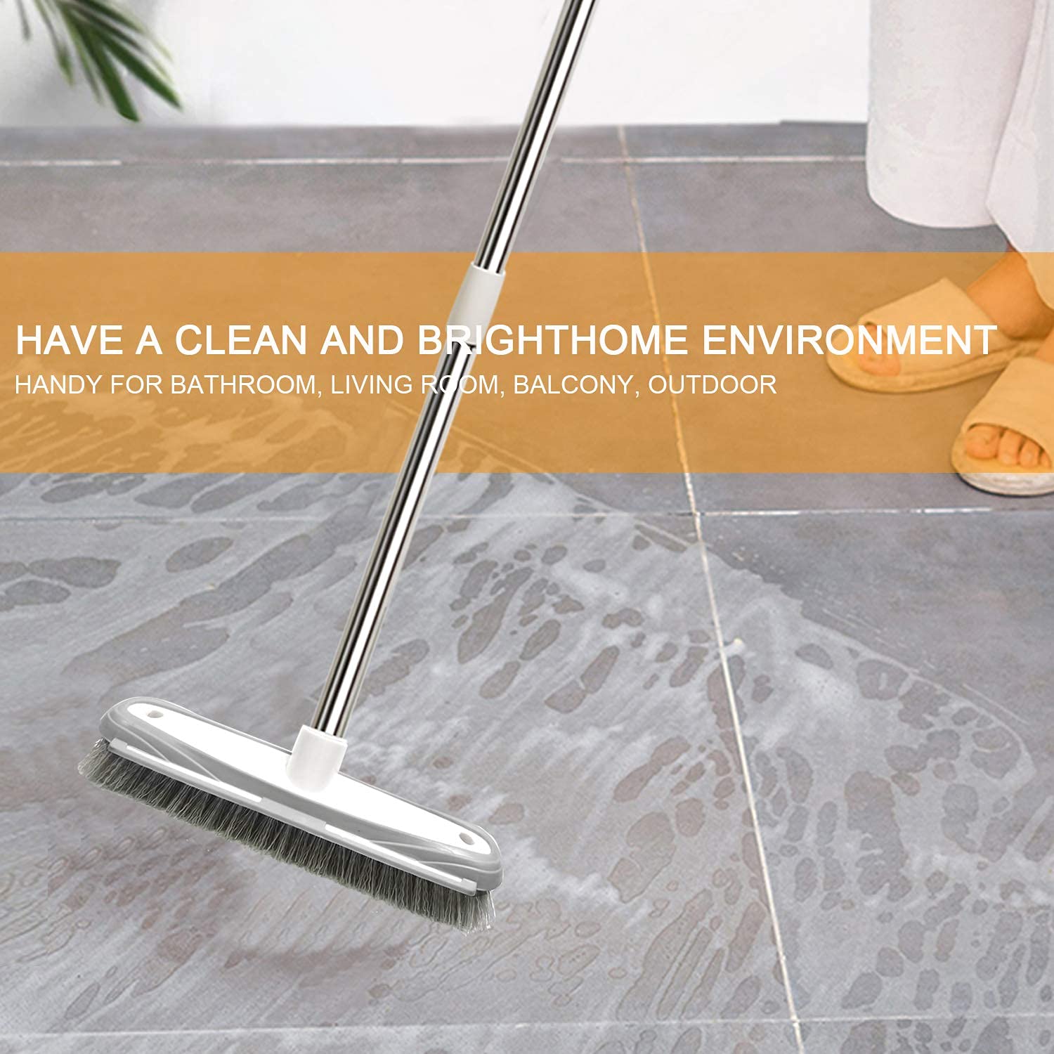 IZSOHHOME Deck Scrub Brush,Push Broom,Tub Floor Tile Broom Brush,Heavy Duty Stiff Bristles Grout Scrubber with Scraper,for Cleaning Bathroom, Patio, Kitchen,Wall and Deck,Indoor Outdoor Cleaning Brush,Adjustable Stainless Steel Long Handle-46.5"