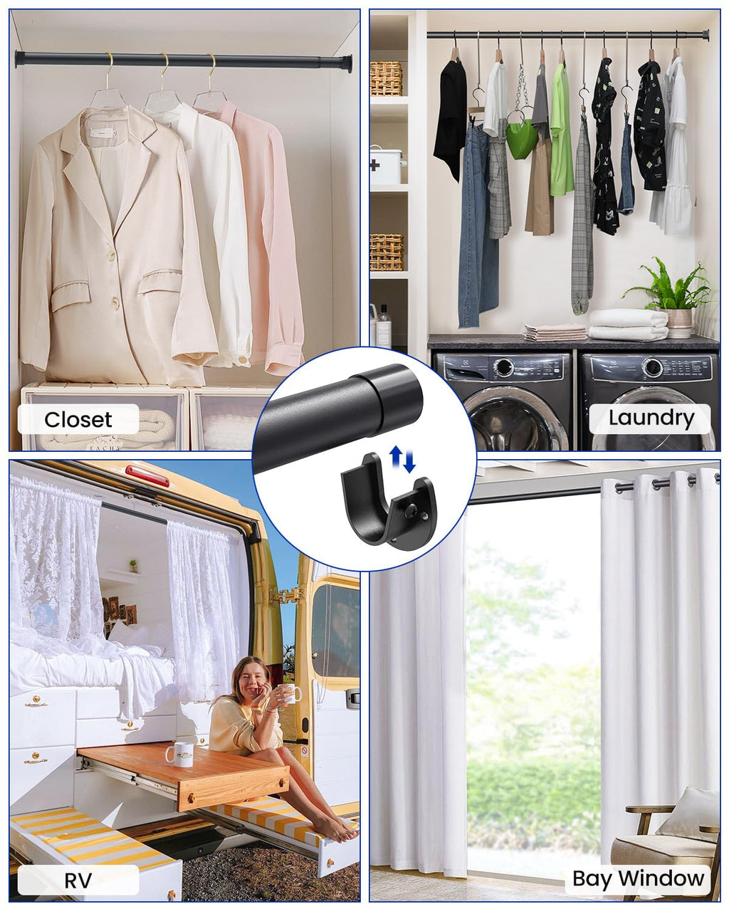 Closet Rods for Hanging Clothes, 17-69 inches Stepless Adjustable Metal Closet Rod, 1.3 Inches Heavy Duty Clothes Hanging Rod for Closet Wardrobes Laundry RV, Black