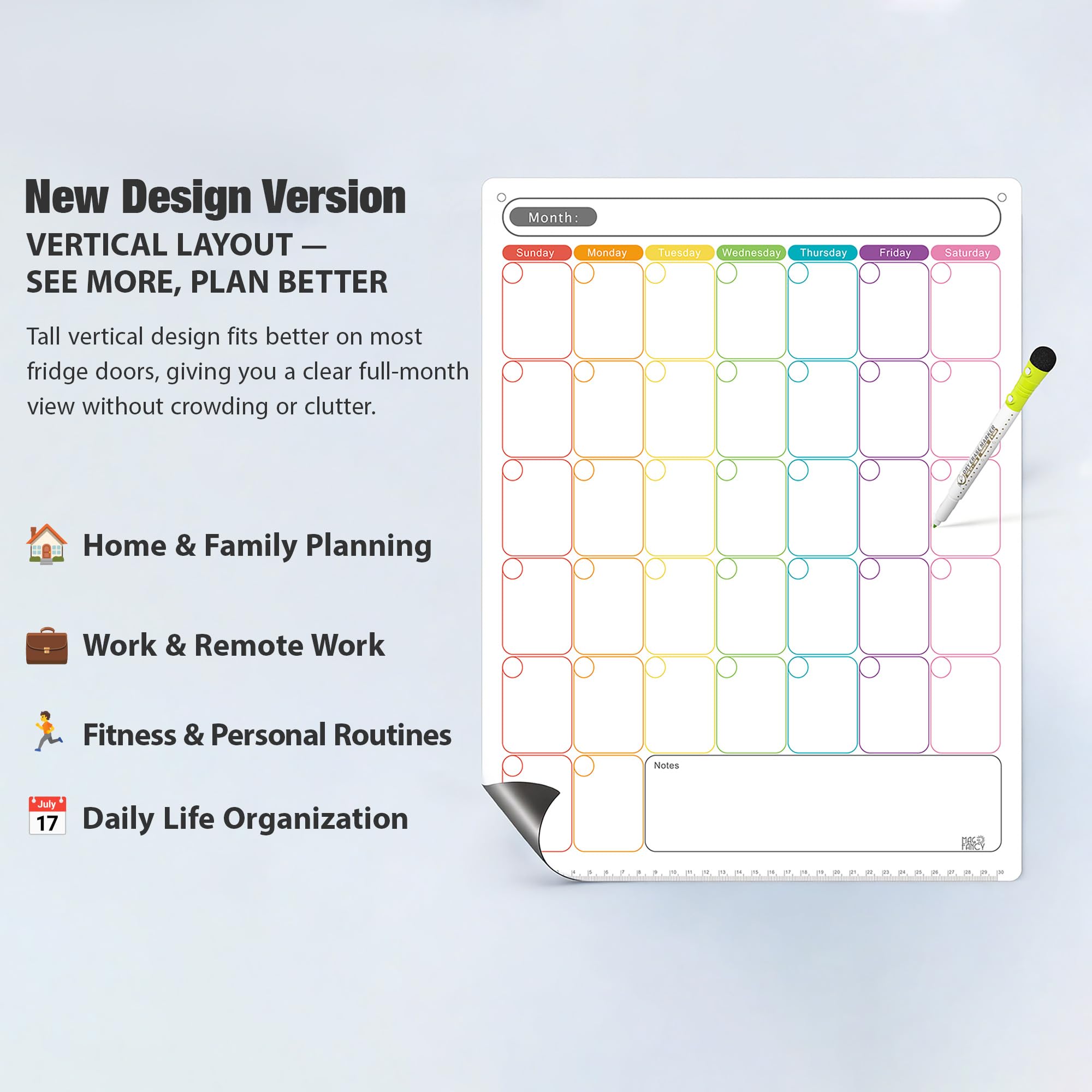 Mag-Fancy Vertical Magnetic Dry Erase Calendar for Refrigerator – Monthly Fridge Planner for Narrow & Side-by-Side Fridges, Fine Tip Markers, Strong Magnet, Reusable Family & Home Organizer