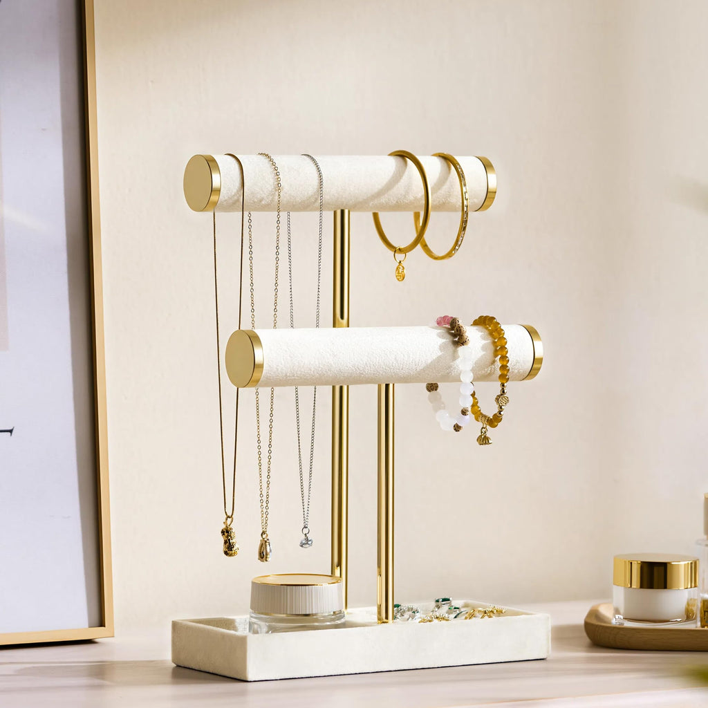 2 Tier Bracelet Holder Display - Beige Velvet Jewelry Organizer Stand, Detachable T Bar Jewelry Holder for Bracelet, Necklace, Watches, Rings, Earrings