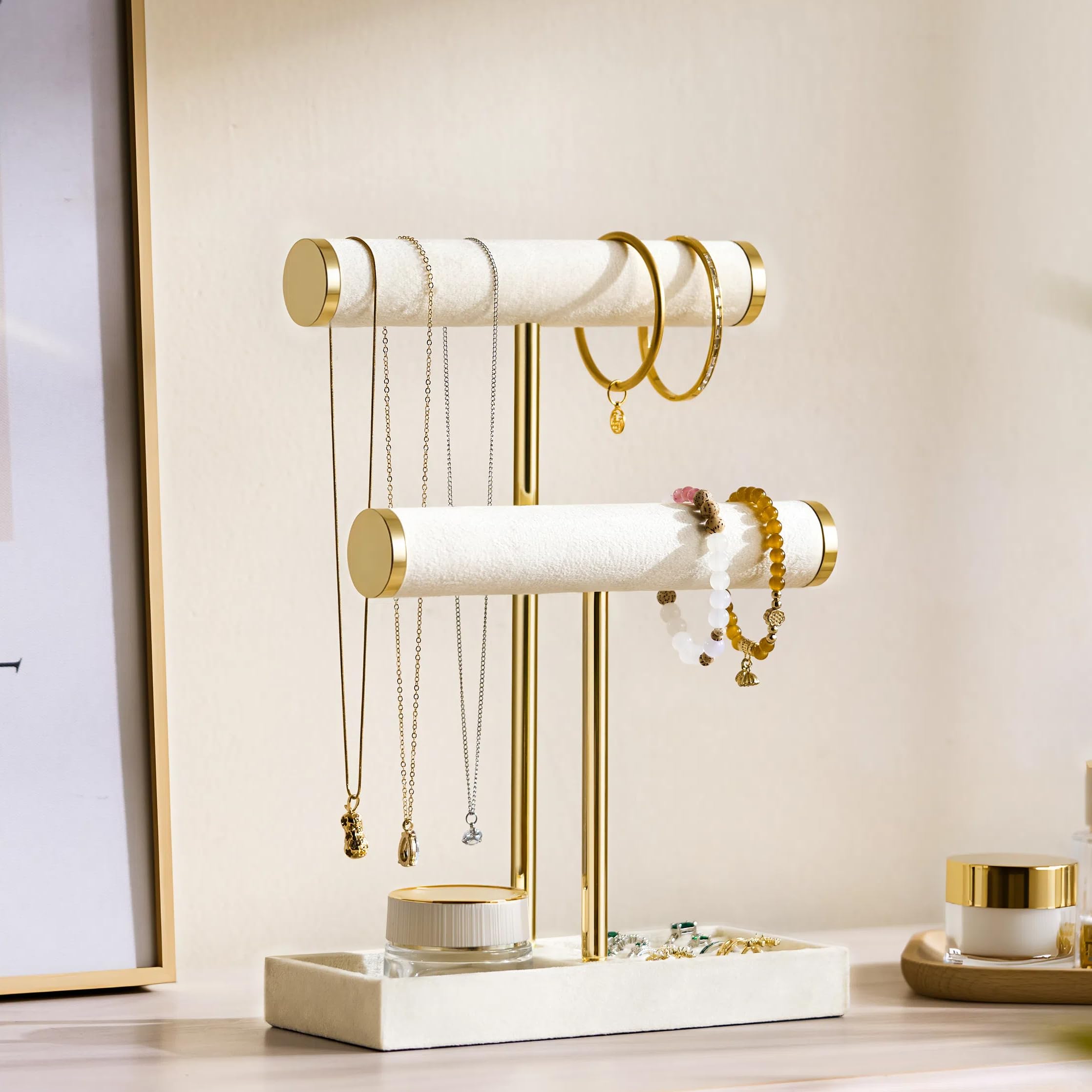 2 Tier Bracelet Holder Display - Beige Velvet Jewelry Organizer Stand, Detachable T Bar Jewelry Holder for Bracelet, Necklace, Watches, Rings, Earrings