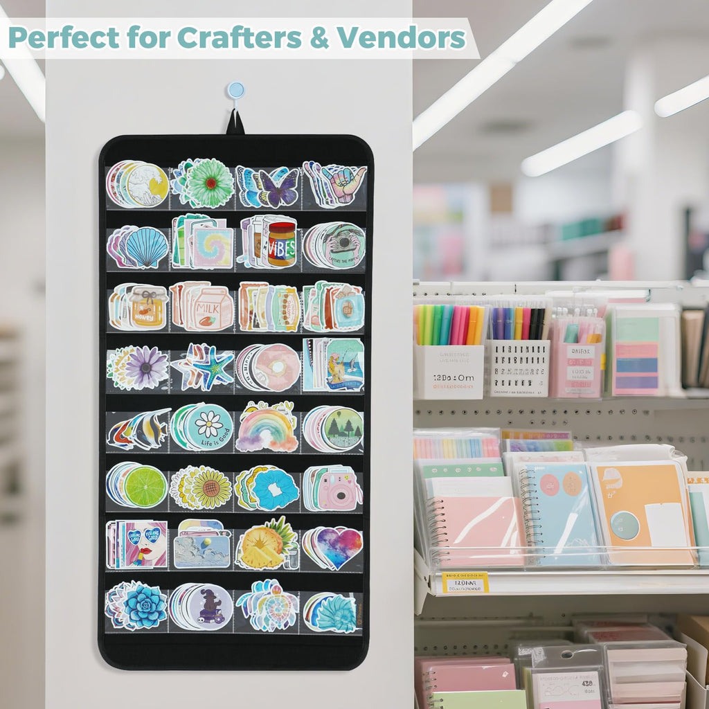 Portable Hanging Sticker Display Organizer – 32 Clear Pockets Wall-Mounted Felt Sticker Holder for Business Cards, Scrapbooking Supplies, Vendors & Crafters (Black)