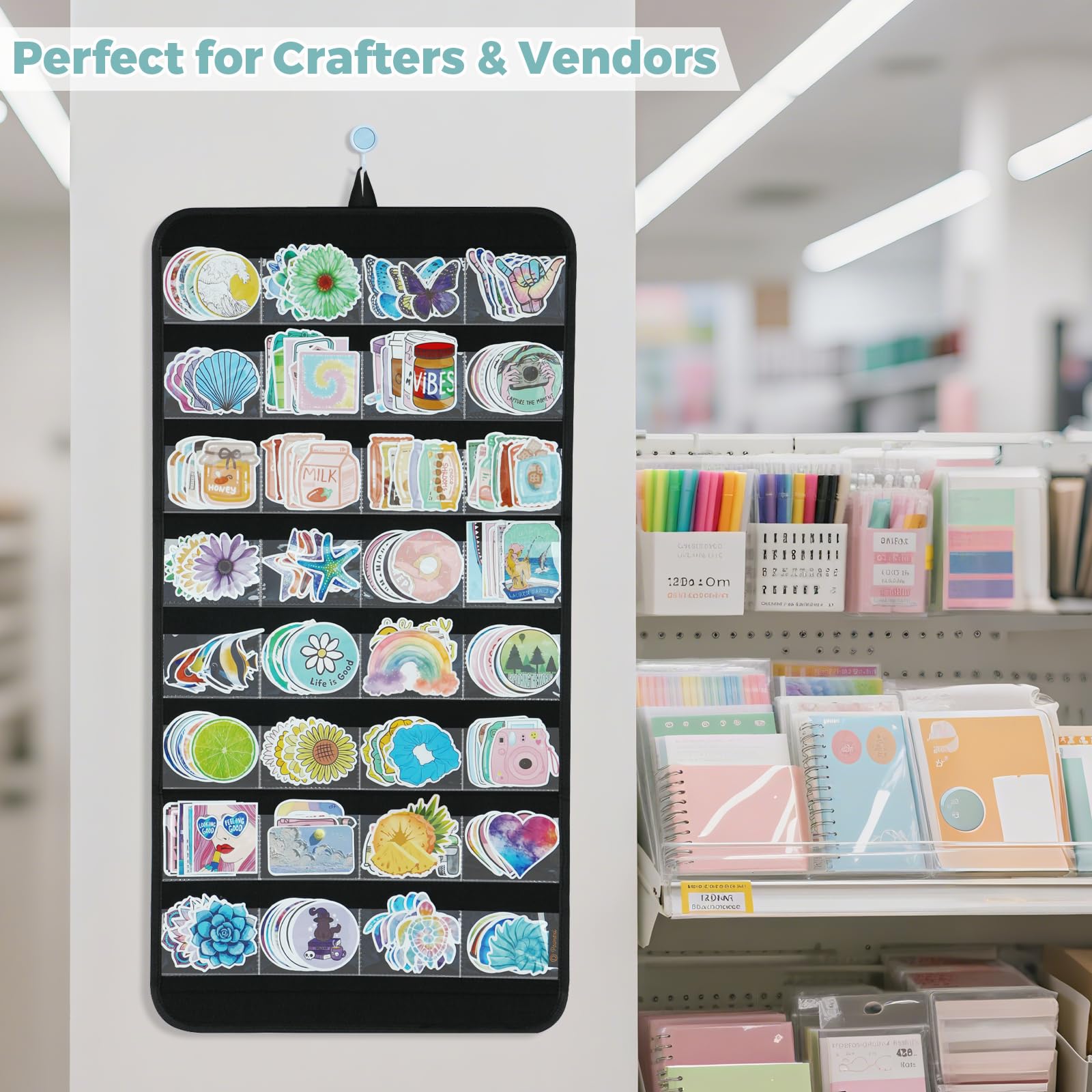 Portable Hanging Sticker Display Organizer – 32 Clear Pockets Wall-Mounted Felt Sticker Holder for Business Cards, Scrapbooking Supplies, Vendors & Crafters (Black)