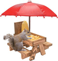 Squirrel Feeder Picnic Table with Umbrella and Corn Cob Holder, New Premium Gift for Squirrel and Chipmunk Lovers, Outdoor Garden Ornaments for Chipmunk Wildlife Bird Animal Bench Feeder