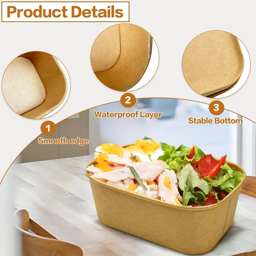 Seuqhck 50 Pack Paper Meal Prep Containers with Lids, 20 oz Disposable and Compostable Take out Food Containers Rectangular to Go Kraft Paper Bowls for Leftovers, Salad, Soup, Snack