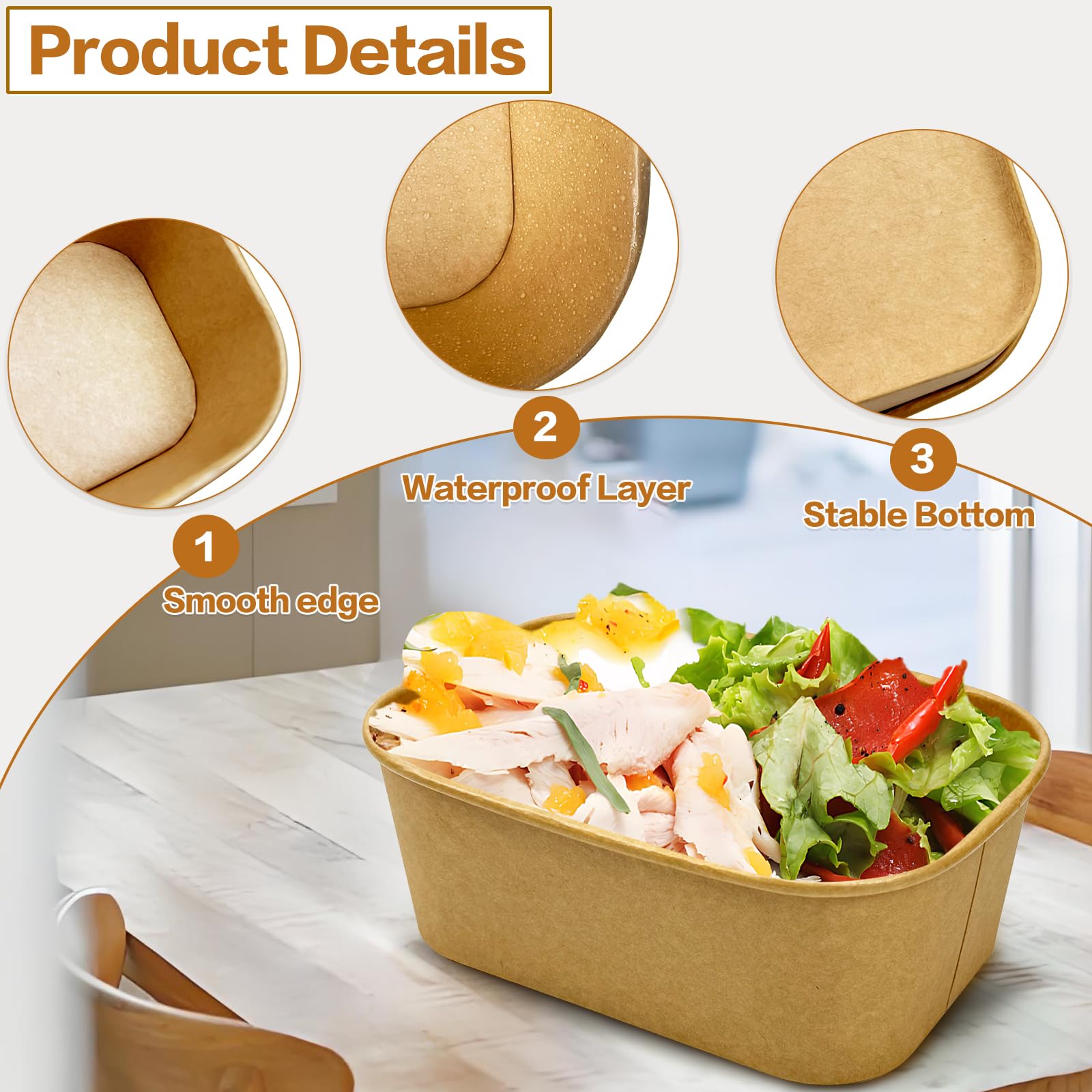 Seuqhck 50 Pack Paper Meal Prep Containers with Lids, 20 oz Disposable and Compostable Take out Food Containers Rectangular to Go Kraft Paper Bowls for Leftovers, Salad, Soup, Snack