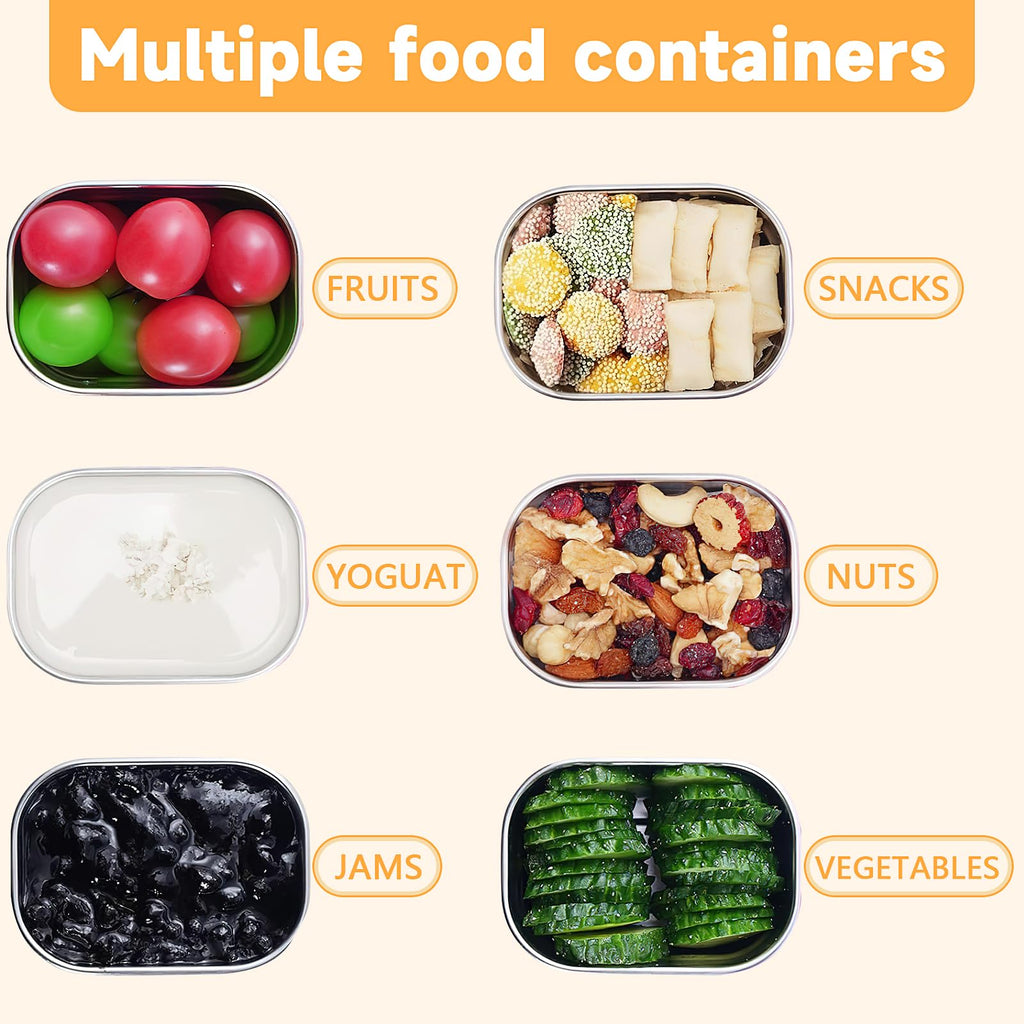 6 Pack Food Container Set, 8 Oz Small Stainless Steel Lunch Container with Orange Silicone Lid, Leak Proof Food Storage Containers Metal Lunch Box for Adults, Snack, Sandwich