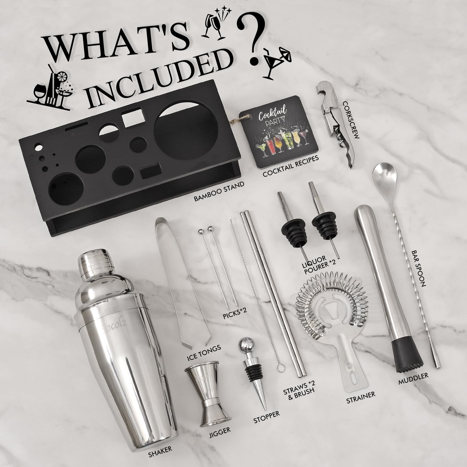 Bartender Kit with Stand Cocktail Shaker Set | 17 Piece Bar Tool Set, Bar Kit Cocktail Set for Drink Mixing - Includes Martini Shaker, Strainer, Jigger, Bar Mixer Spoon, Muddler, Tongs | Gift Idea