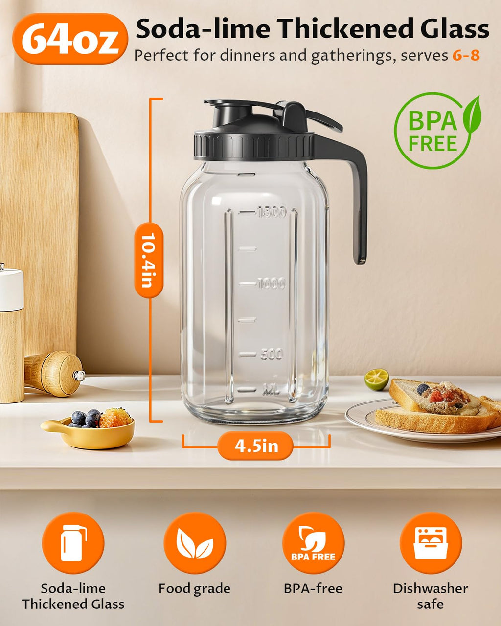 VA1KENE 64oz Glass Pitcher with Lid and Handle – Mason Jar Style Water Jug with Spout, Wide Mouth Glass Pitcher for Sun Tea, Juice, Breast Milk, Cold Brew & More