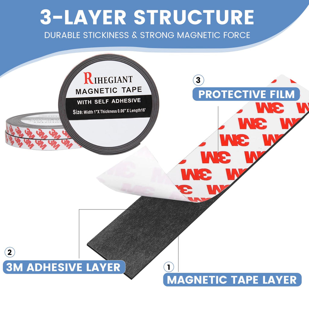 RIHEGIANT 3M Magnetic Strip Rolls - 1" x 16ft Strong Magnet with Adhesive Backing, Multipurpose Flexible Rubber Strips for Kitchen, Office, School, Etc.