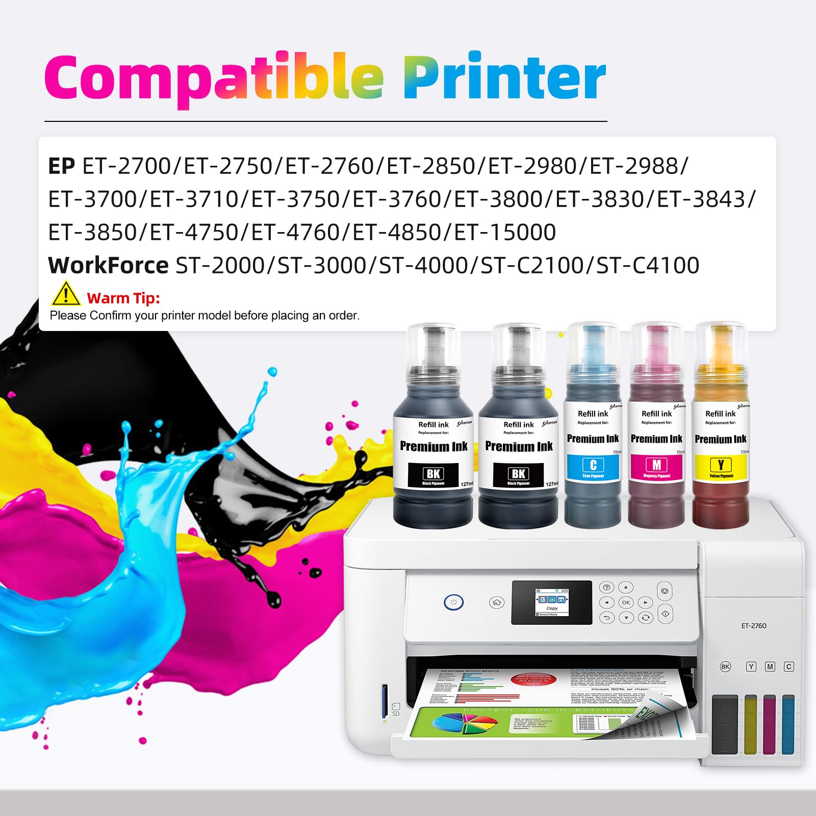 EXCERCUS Ink Bottle Replacement Refill Ink Compatible for ET-2760 ET-2750 ET-2700 ET-4760 ET-3700 ET-3760 ET-4750 ST-3710 ST-3000 ST-4000 (B/C/M/Y, 5-Pack)