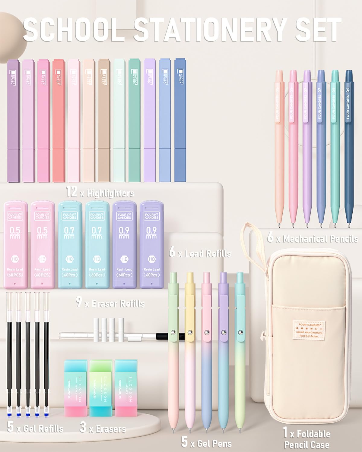 Four Candies 39 PCS Cute Stationery Set with Pencil Case, School Supplies with 5 Gel Pens & 6 Mechanical Pencils & 12 Highlighters, Essentials for College Students & Teen Girls/Boys (Cream)