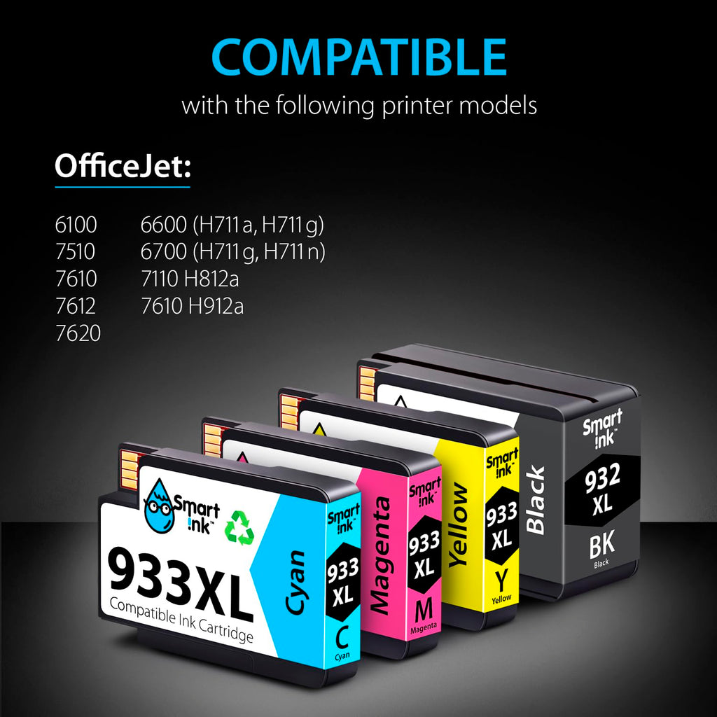 Smart Ink Compatible Ink Cartridge Replacement for HP 932 XL 933 XL 932XL 933XL High Yield 4 Pack (Black & C/M/Y) Ink Cartridges High Capacity for HP Officejet 6600 6100 6700 7110 7610 7612 Printers