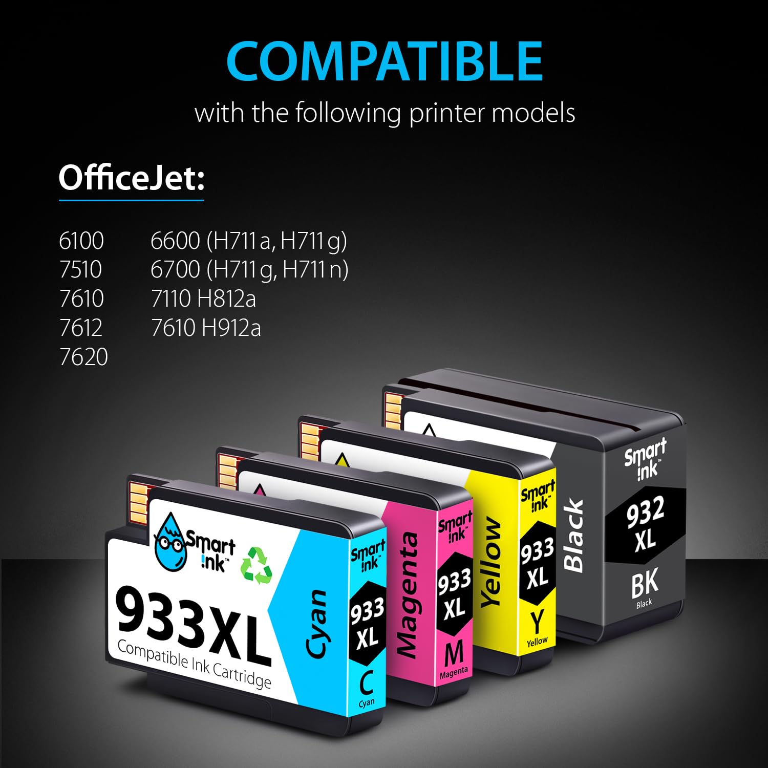 Smart Ink Compatible Ink Cartridge Replacement for HP 932 XL 933 XL 932XL 933XL High Yield 4 Pack (Black & C/M/Y) Ink Cartridges High Capacity for HP Officejet 6600 6100 6700 7110 7610 7612 Printers