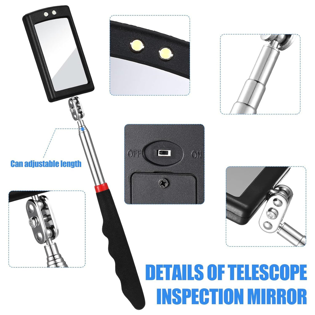 4 Pieces Telescoping Inspection Mirror, LED Lighted Flexible Inspection Mirrors, Extendable Mirror Inspection Tool for Checking and Observing Vehicle Small Parts, Classic Style