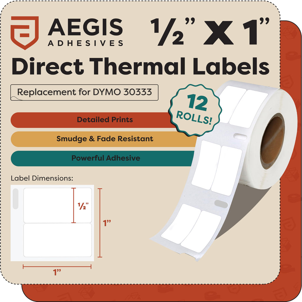 Aegis Adhesives - 1/2" X 1" Replacement for DYMO 30333 (12 Rolls/12000 Labels) Direct Thermal Small Multipurpose 2-Up Labels - Compatible with LabelWriter 450, 450 Turbo, 4XL Printers (NOT 550, 5XL)