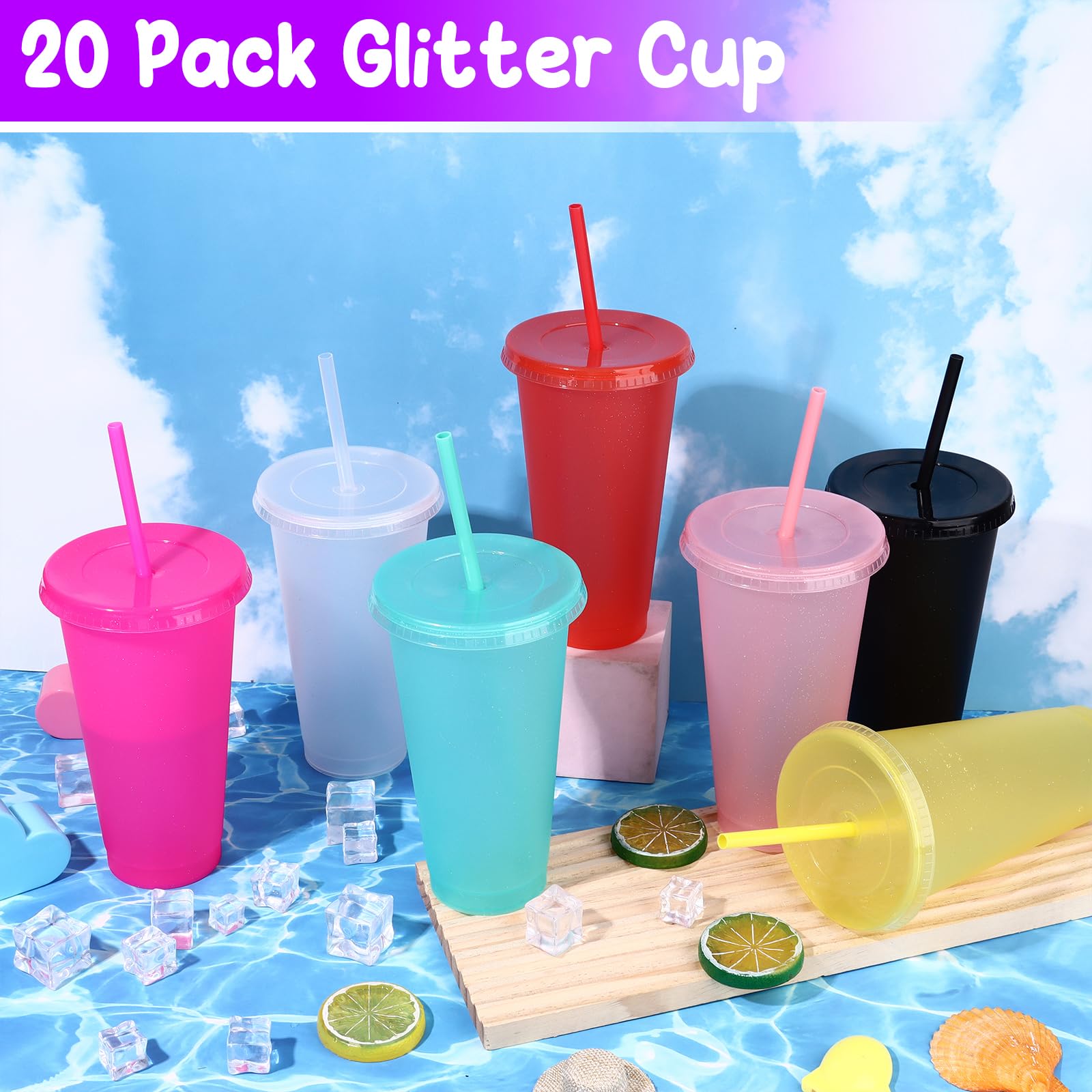 20 Pcs Thank You Tumblers Bulk 24 oz Inspirational Plastic Cups Glitter Reusable Tumblers with Straw and Lid Iced Coffee Water Bottle for Teacher Nurse Coworker Staff Employee Appreciation Gifts