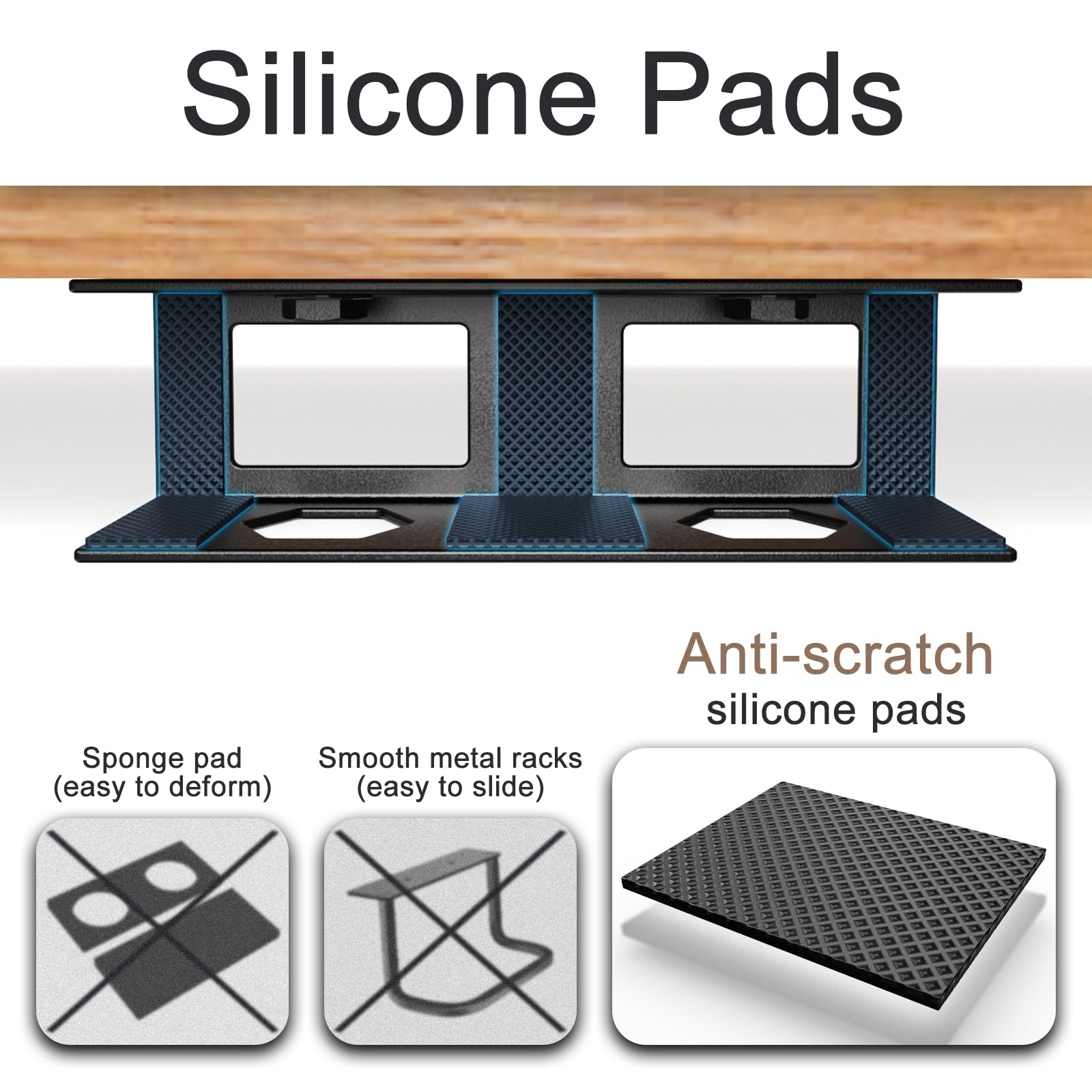 Joythink Universal Under Desk Metal Mount Laptop Holder Tray with Anti-Scratch Under Table Hidden Docking Station Holder Silicone Under Desk Mount for Laptop Keyboard Tablet Kitchen 3 PCS