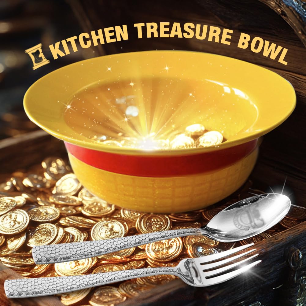 5-in-1 Gift Set - Straw Hat Shaped Ceramic Bowl with Stainless Steel Utensils - Novelty Ramen Bowl for Noodles, Salad, Cereal - Unique Japanese Style Bowl Decor Gift for Anime Lovers