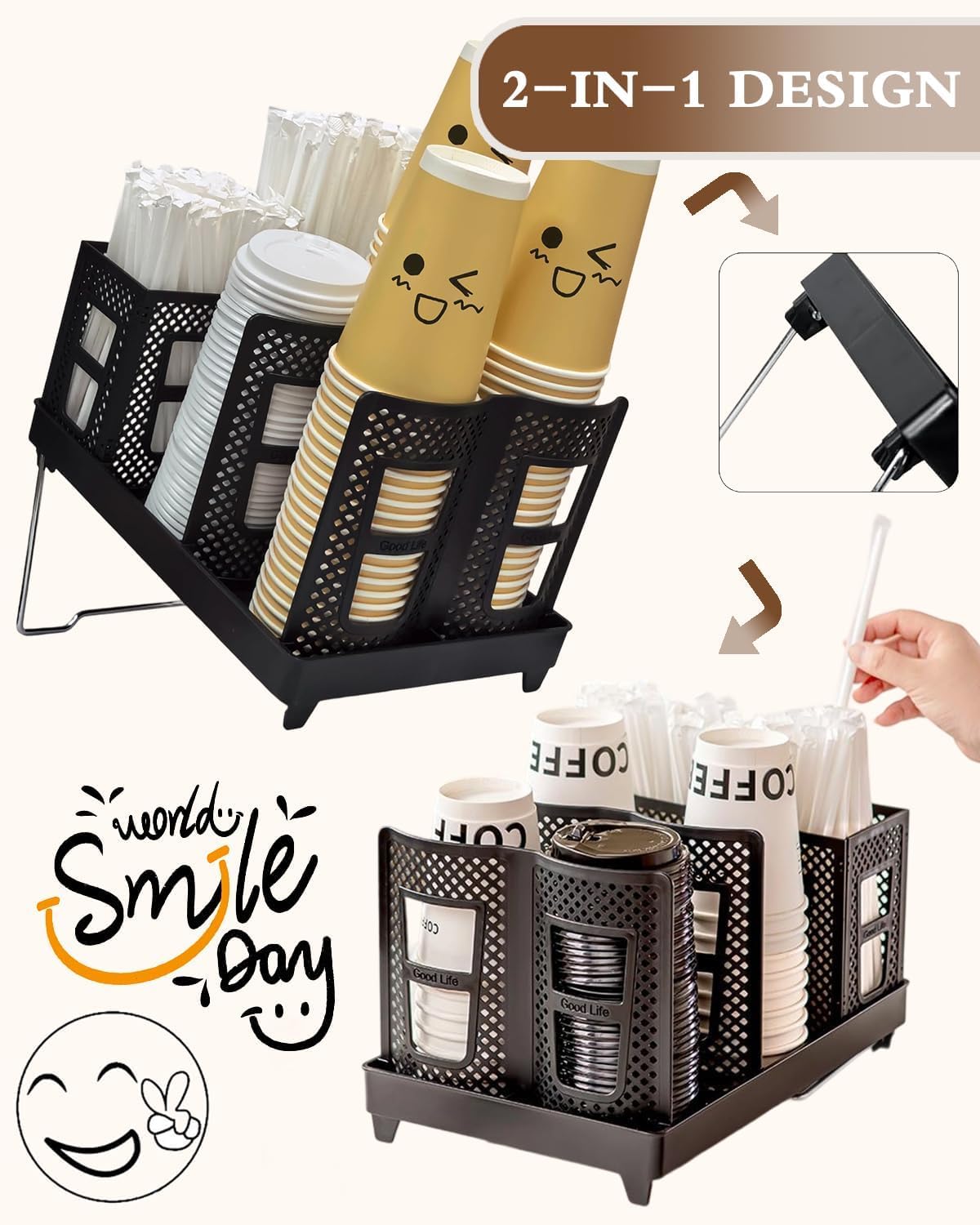 YTJHOME Disposable Coffee Cup Holder Lid Dispenser 2 IN1 Paper Cup and Lid Holder with Straw Organizer Adjustable Paper Cup Holder for Countertop Coffee Station Bar Restaurant Breakroom Kitchen Office