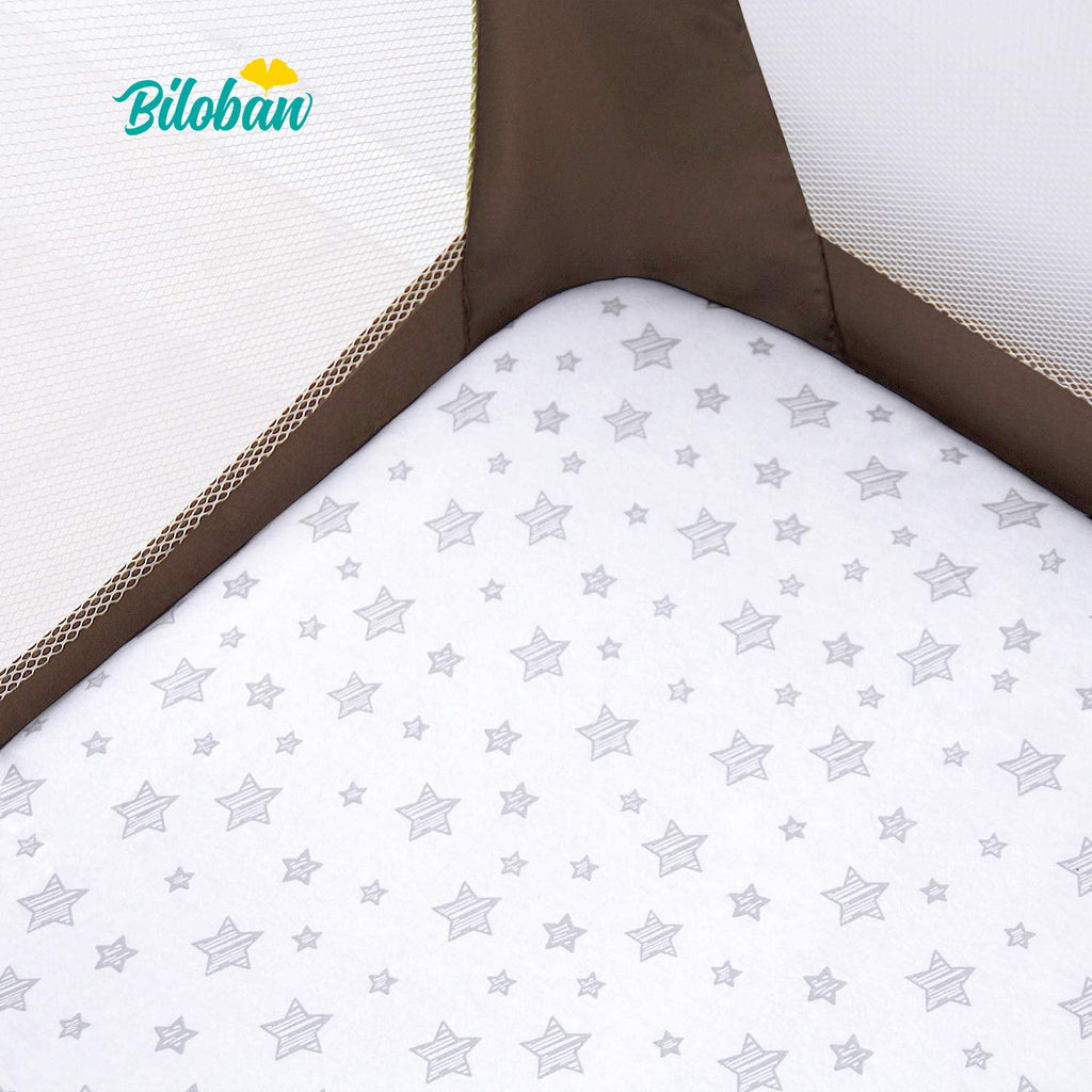 Biloban Pack and Play Sheets, 2 Pack, 100% Natural Cotton Jersey Knit Fitted for Pack and Play Playard, Soft Breathable, Preshrunk, Gray Stars
