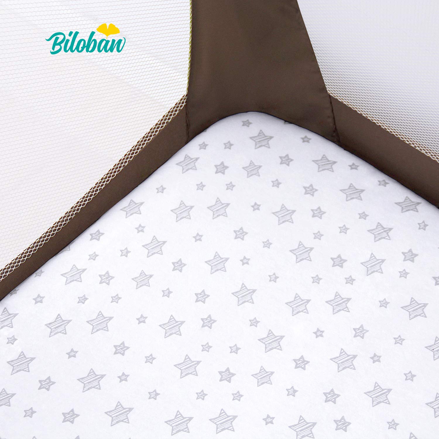 Biloban Pack and Play Sheets, 2 Pack, 100% Natural Cotton Jersey Knit Fitted for Pack and Play Playard, Soft Breathable, Preshrunk, Gray Stars