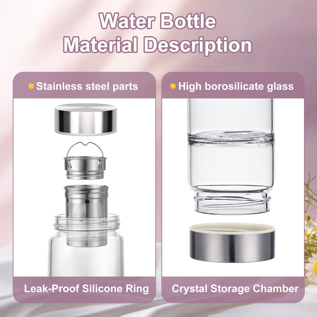DiDiBirDi 500ml Crystal Water Bottle with Removable Strainer - Includes Amethyst & Rose Quartz Stones, for Tea Lovers