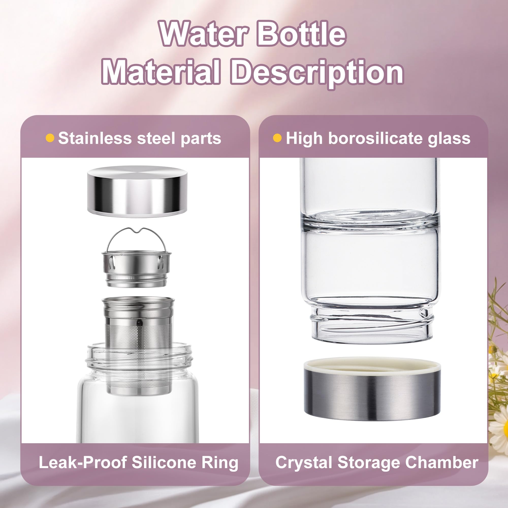 DiDiBirDi 500ml Crystal Water Bottle with Removable Strainer - Includes Amethyst & Rose Quartz Stones, for Tea Lovers