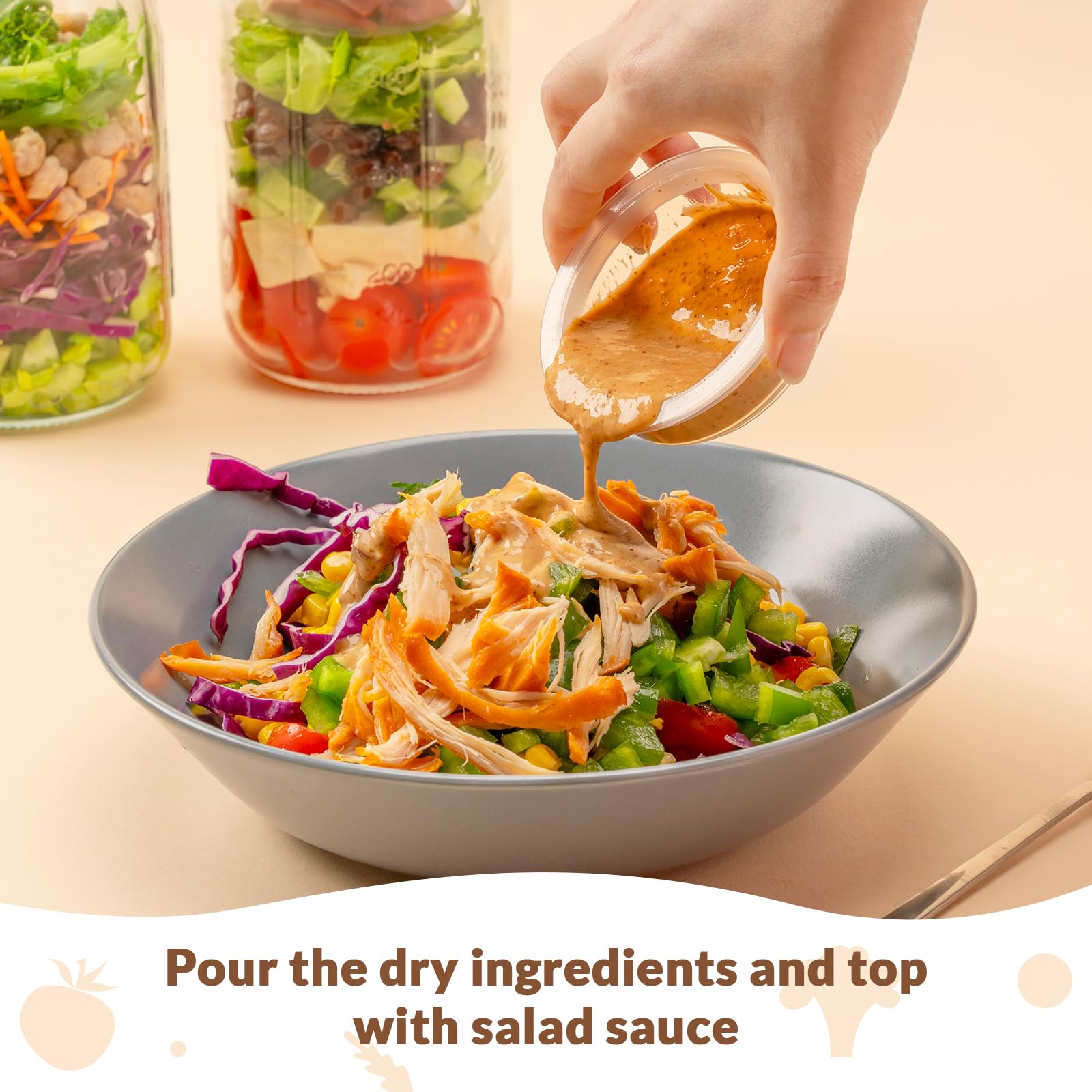 SOLIGT 4 Pack Glass Salad Jars with Lids Meal Prep, Leakproof Container for Lunch, Two Small Built-in Boxes with Wet/Dry Separation for Salad Dressing and Dry Ingredients, 32oz Mason Jars