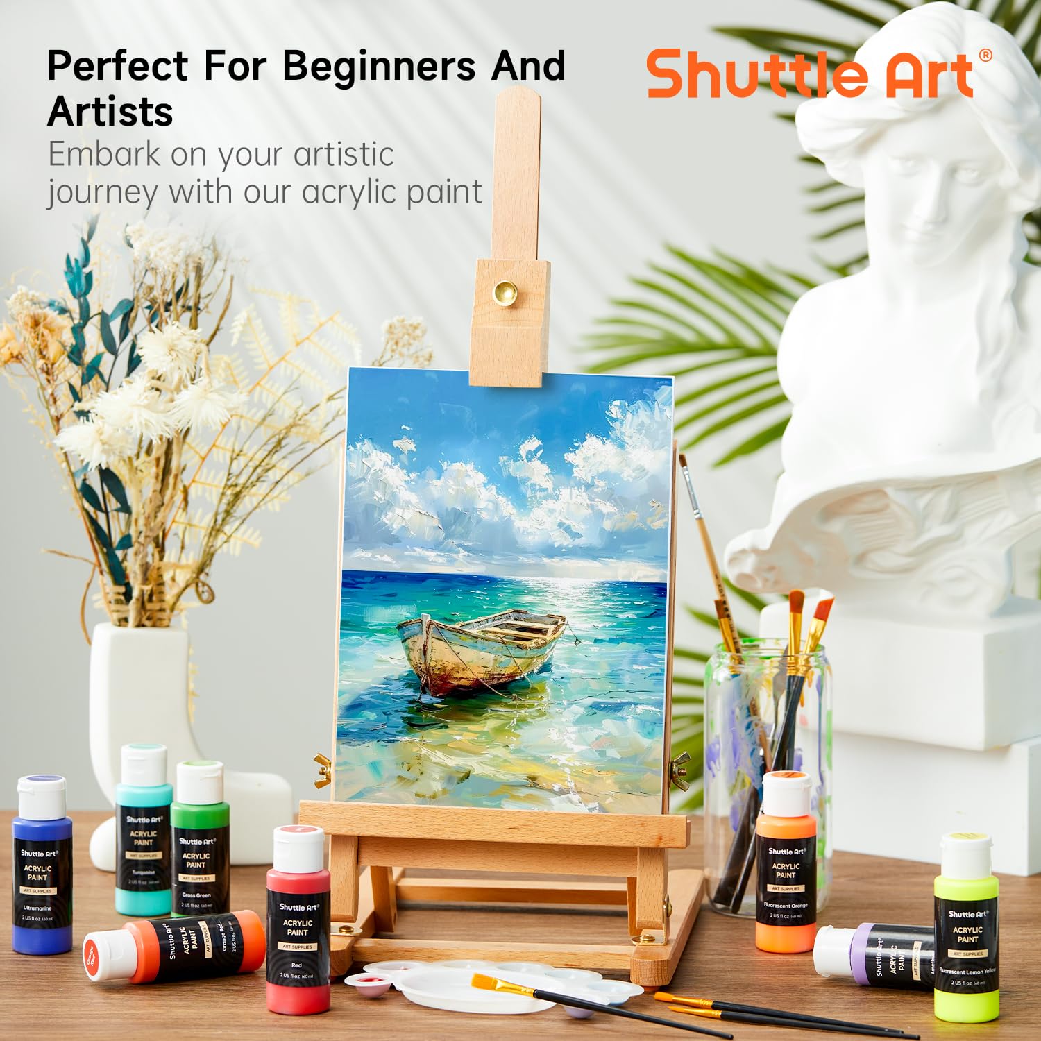 Shuttle Art Acrylic Paint Set, 36 Colors Acrylic Paint (2oz/Bottle) with Brushes & Palette, Rich Pigments Non-toxic Paint for Artists & Adults, Art Supplies for Canvas Rock Ceramic Wood Painting