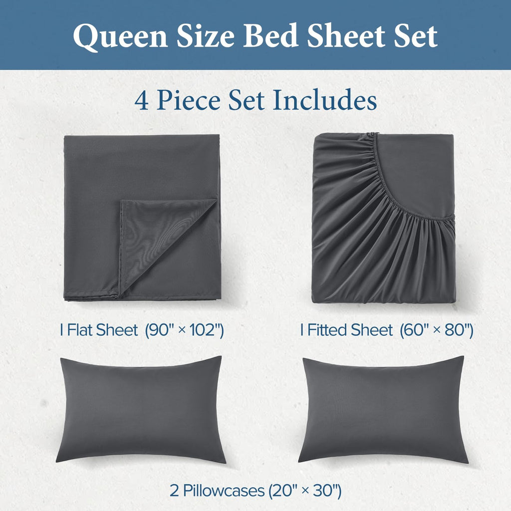 JOLLYVOGUE Queen Size Bed Sheet Set - 4 Piece Bed Sheets Set with Deep Pocket - Soft Breathable & Cooling - Resists Shrinkage & Fading Draps Queen - Easy Care (Dark Grey)