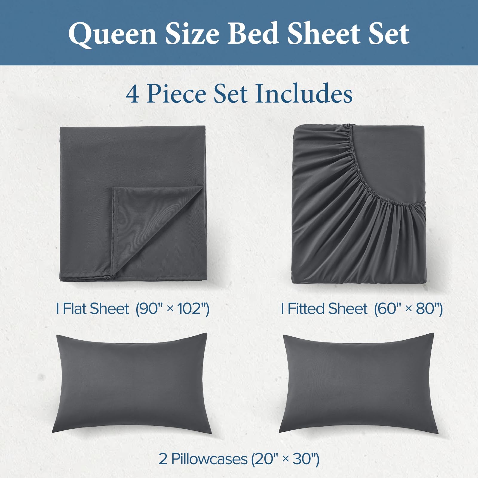 JOLLYVOGUE Queen Size Bed Sheet Set - 4 Piece Bed Sheets Set with Deep Pocket - Soft Breathable & Cooling - Resists Shrinkage & Fading Draps Queen - Easy Care (Dark Grey)