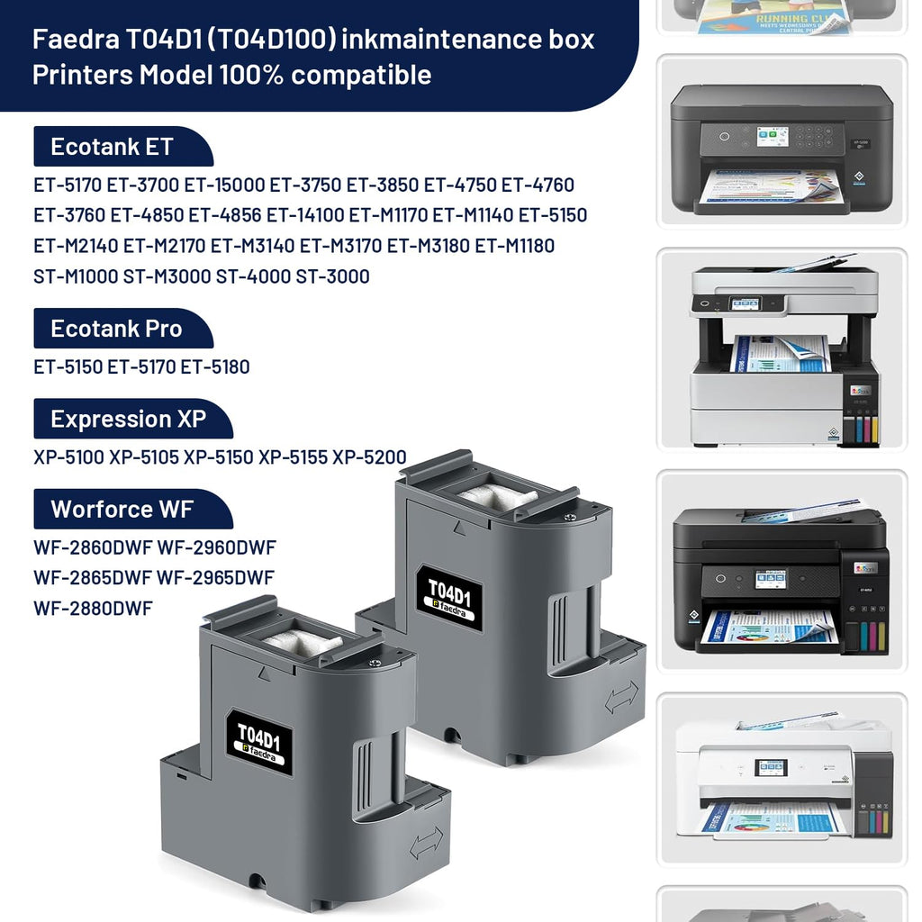 Faedra T04D1 Ink Maintenance Box (2Pack) for ET-15000 ET-3750 ET-3760 ET-4750 ET-4760 ET-3850 ET-4850 WF-2860 XP-5100 ET-3710 ET-5150 ET-3830 ST-M1000 ST-3000 ET-M2170 Maintenance T04D100/EWMB2/E-04D1