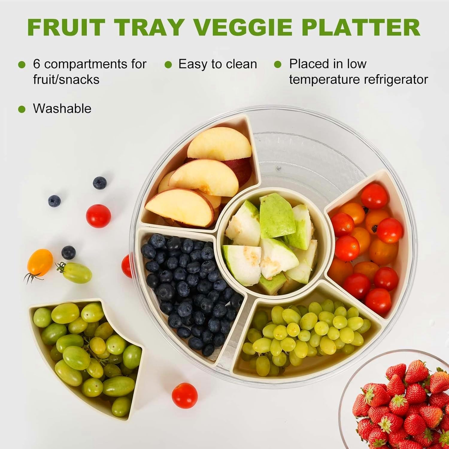 Snackle Box Container, Divided Serving Tray 360° Rotatable with Lid and Handle, Platter Round Portable Storage Organizer for Fruit, Candy, Veggie, Nuts, Spices& Snacks, Perfect for Party or Travel