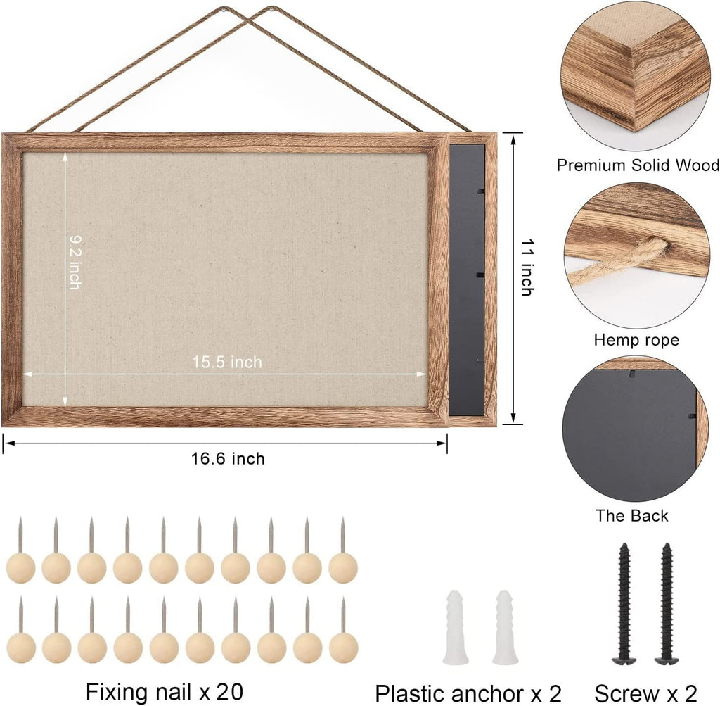 Emfogo 2-Pack Cork Board with Linen 16x11 inch Bulletin Boards Wall Decor Hanging Pin Wood Framed Display Bulletin Cork Picture Board Light for Room School Office Bedroom 20-Pushpin （Torched Wood）