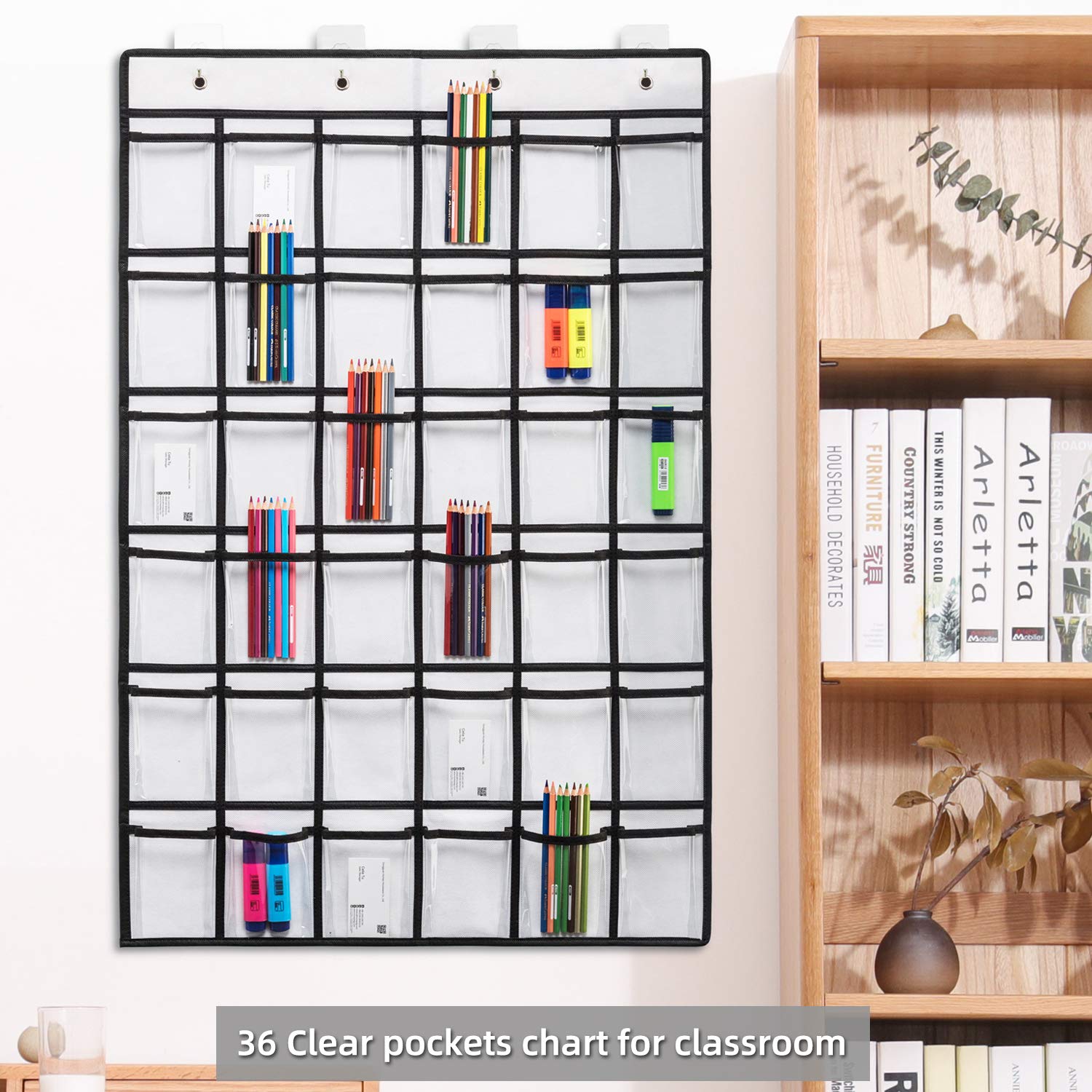 SAVERHO Classroom Pocket Chart，36 clear Hanging Pocket Organizer for Cell Phone and Calculator Holder，Door Hanging Organizer for Classroom with 36 Number Sticker(White-2pack)